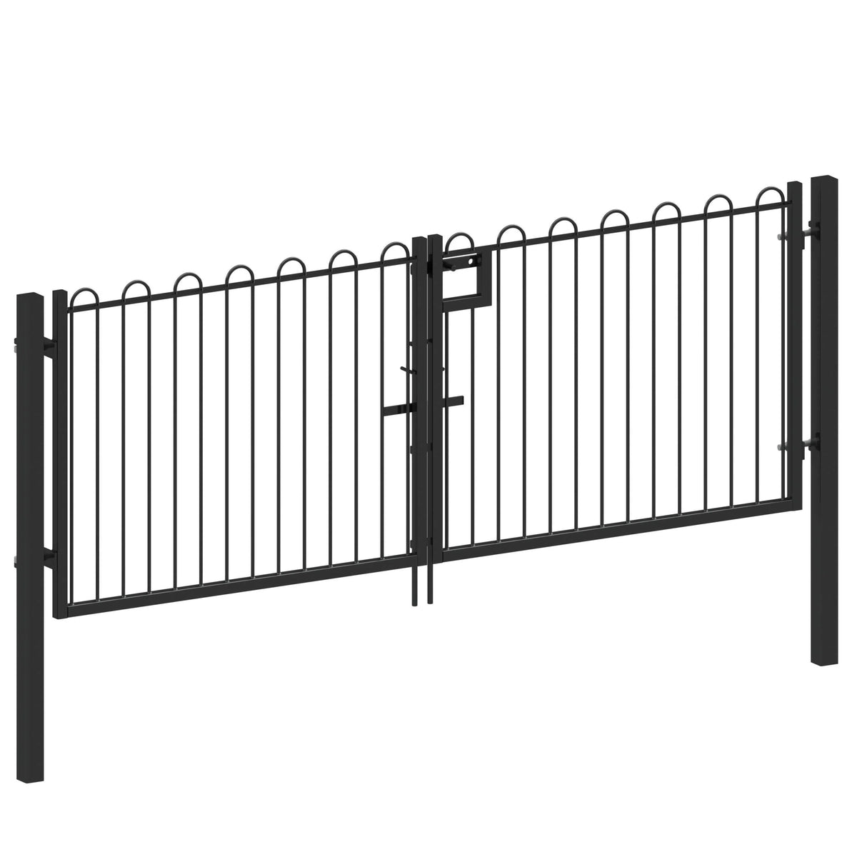 Bow top metal railing gate powder-coated in Black