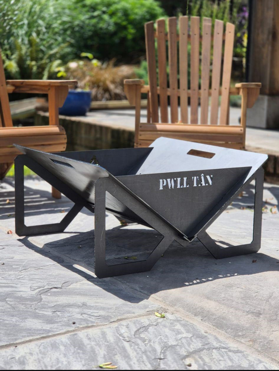 Close-up of Pwll Tân fire pit's laser-cut design and high-quality steel construction