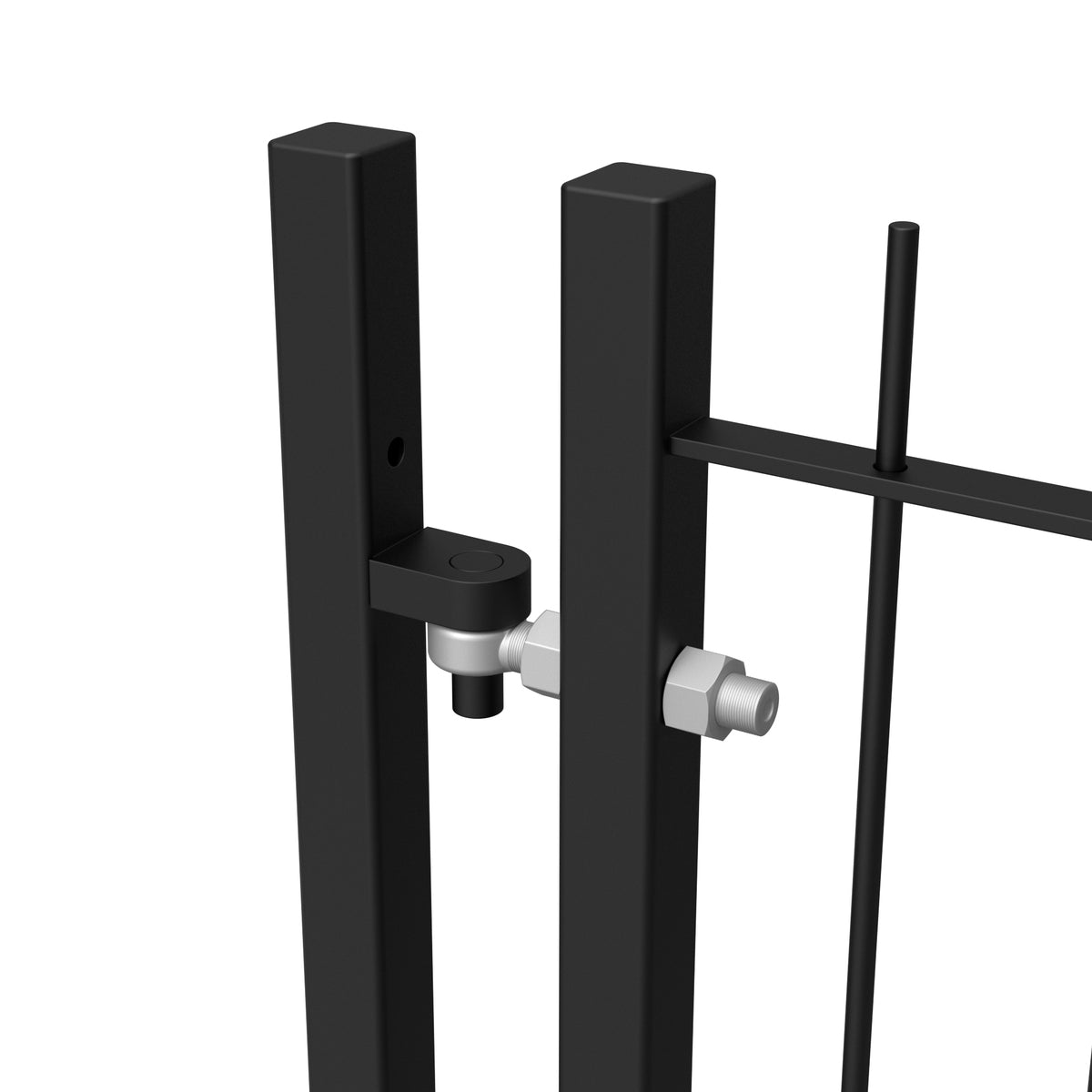 Close up detail of Pedestrian Vertical Bar gate showing hinge